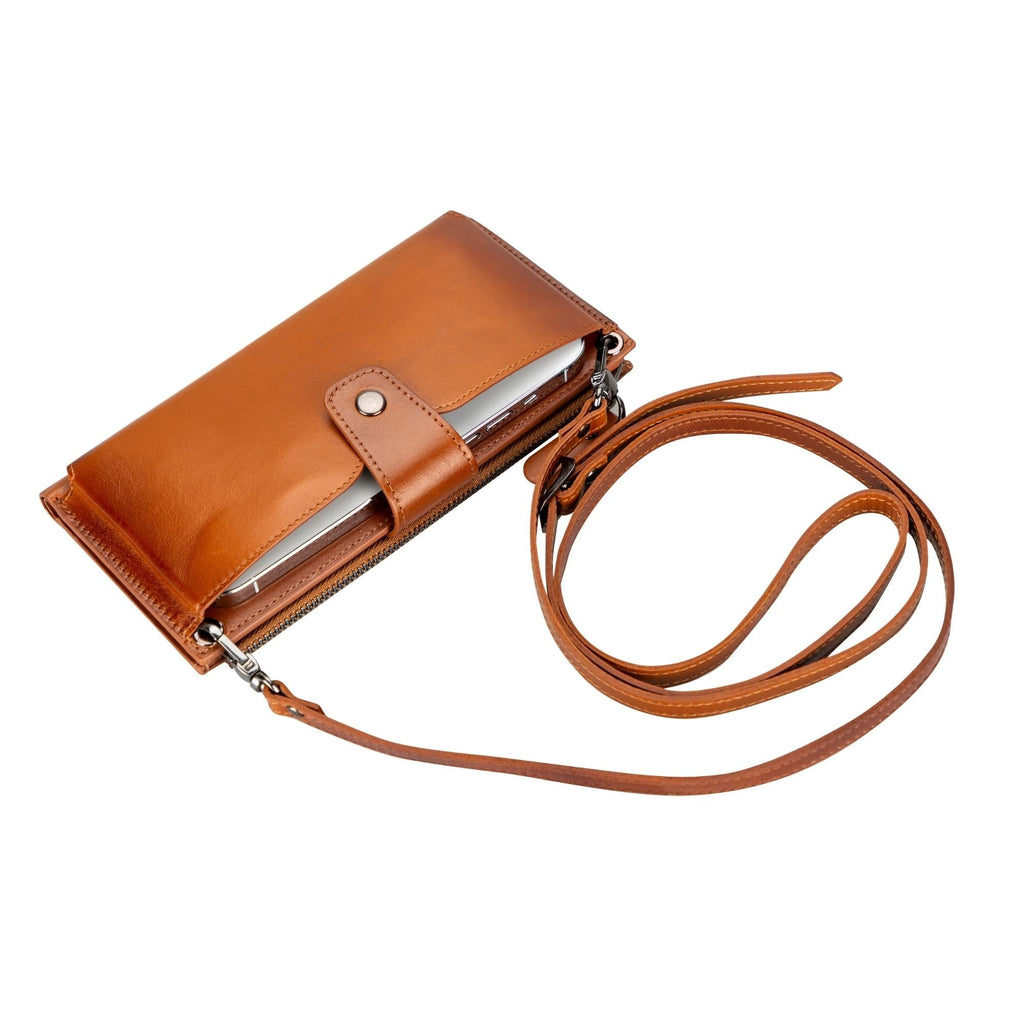 👛 Portefeuille-Bandoulière Femme en Cuir Véritable — 12 Cartes & Poche Téléphone