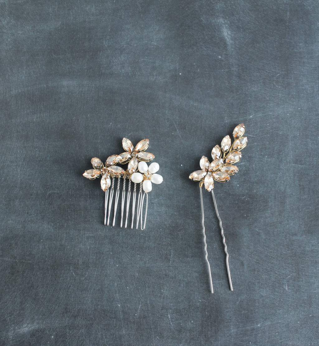 🌸 Parure de Mariée Daisy — Peigne + Épingles à Cristaux